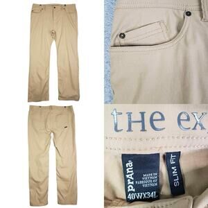 Prana Pants Outdoor Hiking Activewear Khaki Straight Leg Belt Mens 40X34 Slim